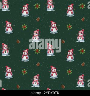 Motivo ad acquerello natalizio. Motivo natalizio senza cuciture con simpatico pupazzo di neve allegro con sciarpa legata, foglie di agrifoglio e pinecone. Foto Stock