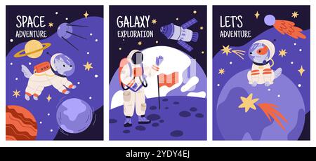 Poster di astronomia. Esplorazione spaziale. Uomo in tuta spaziale. Luna rover. Esploratori di cani. Nuovi pianeti scoperti. Spedizione Galaxy. Passeggiata spaziale degli astronauti. Co Illustrazione Vettoriale