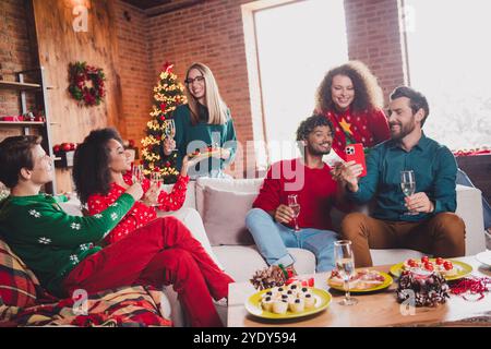 Foto di giovani simpatici seduti sul divano comunicazione godere di un'accogliente decorazione natalizia interni casa festa al coperto Foto Stock