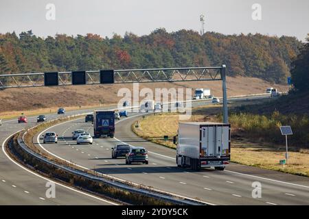 Autostrada olandese a sei corsie con poche auto viste dall'alto con infrastrutture attraverso l'area naturale di riserva in autunno. interstate per gli spostamenti in asfalto Foto Stock