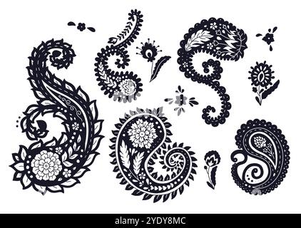 Set di motivi paisley in bianco e nero isolati su bianco Illustrazione Vettoriale