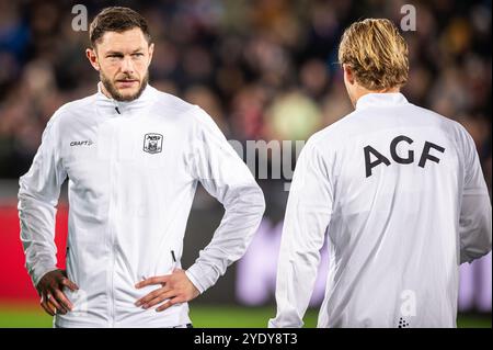 Herning, Danimarca. 27 ottobre 2024. Henrik Dalsgaard dell'Aarhus GF visto durante il 3F Superliga match tra FC Midtjylland e Aarhus GF alla MCH Arena di Herning. Foto Stock