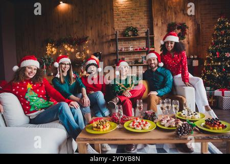 Foto a grandezza naturale di simpatici giovani seduti sul divano divertirsi godere di un'accogliente decorazione natalizia interni casa festa all'interno Foto Stock