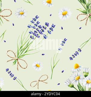 Motivo senza cuciture acquerello con illustrazione in lavanda e camomilla isolata sullo sfondo. Dettaglio di prodotti di bellezza e set botanico, cosmetologia e Foto Stock