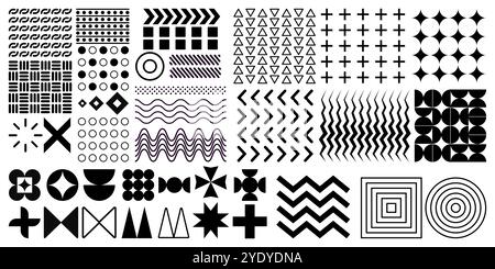 Forme di Memphis. Forma grafica geometrica. Schema della linea nera. Design minimalista. Stampa semplice. Cerchi e quadrati piatti. Struttura piatta con geometria moderna. Punto e silhouette alla moda. Set di elementi vettoriali Illustrazione Vettoriale