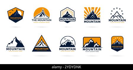 Logo Mountain. Hill Peak, silhouette da neve con paesaggio ghiacciato o simbolo astratto dell'Everest. Logotipo di componenti per avventure di viaggio estreme, grafica turistica decorativa. Icona vettoriale isolata Illustrazione Vettoriale