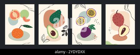 Poster sulla frutta. Stampe astratte disegnate a mano con arancio, avocado e frutta topica. Frutto della passione e litchi. Forme disegnate a mano per scarabocchi. Illustrazione isolata in stile cartoni animati vettoriali moderni Illustrazione Vettoriale
