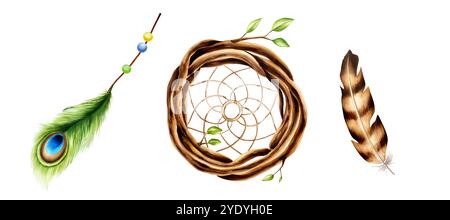 Illustrazione di un ciondolo in legno etnico da sogno, corona di ramoscelli con foglie primaverili e piume di pavone in stile acquerello. Supporto verniciato a mano i Foto Stock