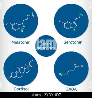 Molecola dell'ormone del sonno. Struttura e funzione di melatonina, serotonina, GABA (acido gamma-aminobutirrico) e cortisolo. Illustrazione vettoriale Illustrazione Vettoriale