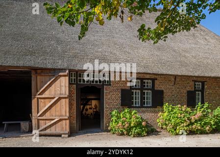 1730 fattoria Uitschoolhoeve Oevel nel villaggio ricreato di Kempen / Campine presso il museo all'aperto Bokrijk, Limburgo, Fiandre, Belgio Foto Stock