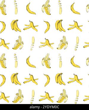 Motivo grafico senza cuciture con banana completa, pelle e fette. Illustrazione vettoriale disegnata a mano isolata su sfondo bianco. Per avvolgere la carta da parati fab Illustrazione Vettoriale