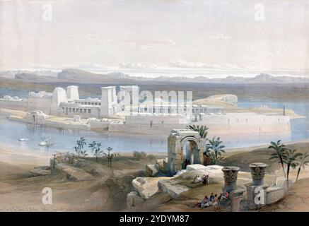 Vista generale dell'isola sommersa di Philae, Nubia, Egitto, intorno al 1850, storico, riproduzione restaurata digitalmente da un originale del XIX secolo, data esatta sconosciuta, Gesamtansicht der untergegangenen Insel Philae, Nubien, Ägypten, um 1850, Historisch, Digital restaurierte Reproduktion von einer Vorlage aus dem 19. Jahrhundert, genaues Aufnahmedatum unbekannt Foto Stock