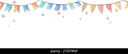 Bandiere festive e ghirlande per la decorazione. Illustrazione ad acquerello, disegnata a mano nei colori pastello: Rosa, pesca, corallo, turchese, blu. Bordi senza cuciture Foto Stock