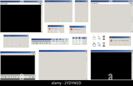Browser Internet Web, finestra di dialogo di sistema, finestra a comparsa di errore e lettore multimediale stilizzato come interfaccia utente retrò Illustrazione Vettoriale