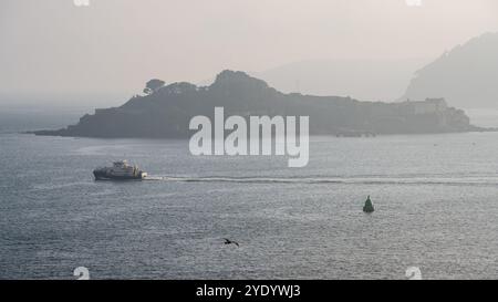 Un traghetto passeggeri passa per Drake's Island a Plymouth Sound, Devon, con Mount Edgcumbe e rame Head in lontananza. Foto Stock