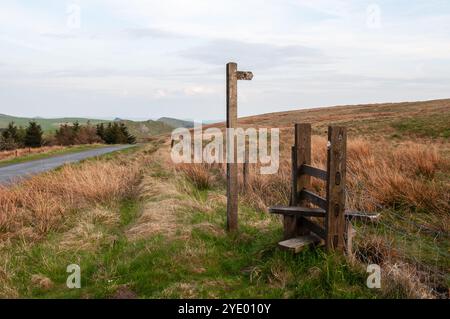 Uno stile di legno e un palo segnano un sentiero attraverso la brughiera a Leap Edge vicino a Buxton, nel Peak District dell'Inghilterra. Foto Stock