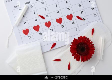 Composizione piatta con calendario e prodotti mestruali su sfondo bianco Foto Stock
