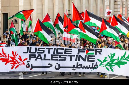 Basilea, Svizzera, 5 ottobre 2024: Nel Parco De-Wette, 2.000-3.000 persone si sono riunite per un raduno pro-Palestina. Hanno marciato attraverso il centro di Basilea con fl Foto Stock