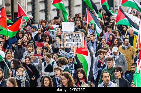 Basilea, Svizzera, 5 ottobre 2024: Nel Parco De-Wette, 2.000-3.000 persone si sono riunite per un raduno pro-Palestina. Hanno marciato attraverso il centro di Basilea con fl Foto Stock