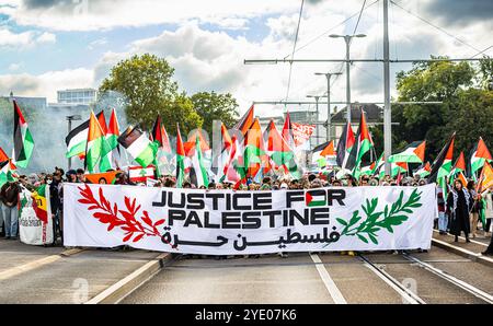 Basilea, Svizzera, 5 ottobre 2024: Nel Parco De-Wette, 2.000-3.000 persone si sono riunite per un raduno pro-Palestina. Hanno marciato attraverso il centro di Basilea con fl Foto Stock