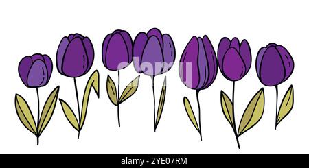 Set di silhouette tulipano. Collezione di tulipani decorativi in fiore disegnati a mano. Elegante illustrazione vettoriale botanica Illustrazione Vettoriale