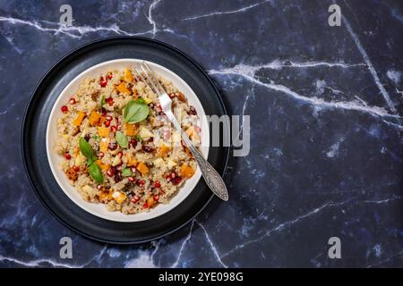 insalata di quinoa con zucca arrosto, mela, semi di melograno, noci pecan, mirtilli rossi secchi e foglie di basilico in una ciotola bianca su un tavolo in legno di marmo nero, hori Foto Stock