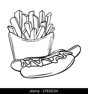 Patatine fritte e schizzo di hot dog. Patatine fritte disegnate a mano dipinte da inchiostri neri. Menu Street fast food disegnato in stile art. Cibo Vector illu Illustrazione Vettoriale