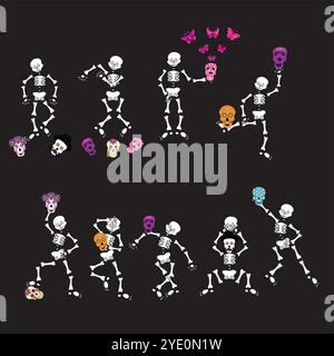 Set di scheletri che ballano con farfalle rosa. Illustrazione vettoriale su sfondo nero. Illustrazione Vettoriale