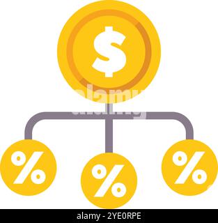 La grande moneta da un dollaro d'oro si sta dividendo in tre monete simbolo percentuale più piccole, simboleggiando il concetto di diversificazione degli investimenti Illustrazione Vettoriale