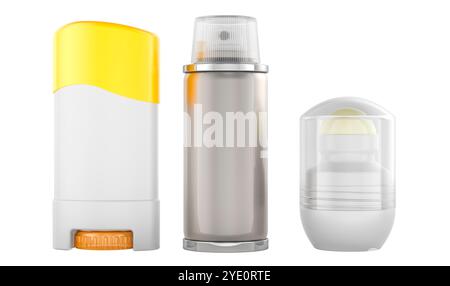 Set di deodoranti. Stick deodorante, deodorante antiperspirante solido, flacone deodorante avvolgibile e aerosol spray per bottiglie metalliche. Rendering 3D isolato attivato Foto Stock