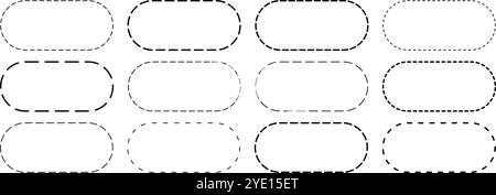Set di forme ovali con linee tratteggiate. Figure geometriche tratteggiate isolate su sfondo bianco. Tagliare qui i pittogrammi per i buoni di vendita o le etichette dei prezzi. Illustrazione del profilo vettoriale. Illustrazione Vettoriale