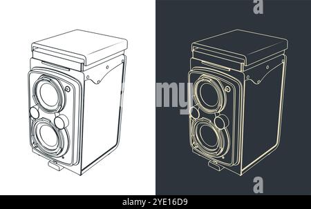 Illustrazioni vettoriali stilizzate di una fotocamera reflex vintage a doppio obiettivo Illustrazione Vettoriale