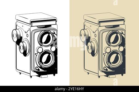 Illustrazioni vettoriali stilizzate di una fotocamera reflex vintage a doppio obiettivo Illustrazione Vettoriale