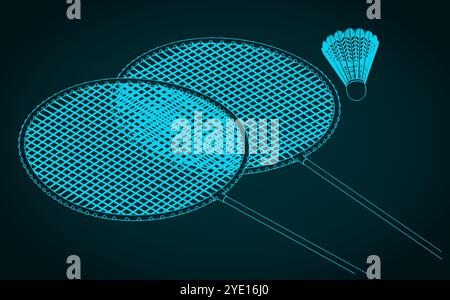 Illustrazione vettoriale stilizzata di racchette e rubinetti per giocare a badminton da vicino Illustrazione Vettoriale