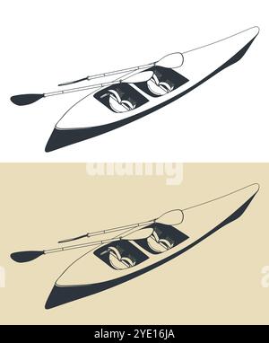 Illustrazioni vettoriali stilizzate di un kayak sportivo a due posti Illustrazione Vettoriale