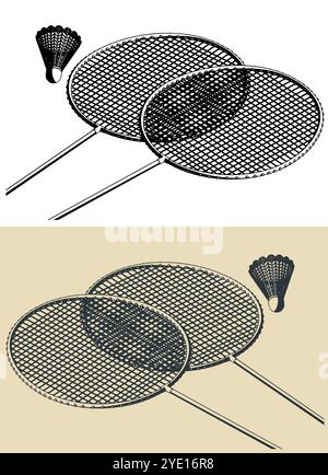 Illustrazioni vettoriali stilizzate di racchette e rubinetti per giocare a badminton da vicino Illustrazione Vettoriale