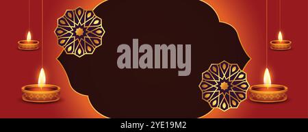 happy diwali banner in indian style with hanging diya and text space Stock Vector