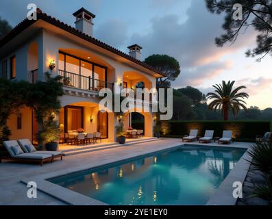 Lussuosa Villa Mediterranea di notte con finestre illuminate Vista piscina, calda atmosfera intima in Italia. Provate l'incantevole atmosfera di un lusso Foto Stock