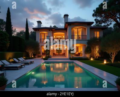 Lussuosa Villa Mediterranea di notte con finestre illuminate Vista piscina, calda atmosfera intima in Italia. Provate l'incantevole atmosfera di un lusso Foto Stock