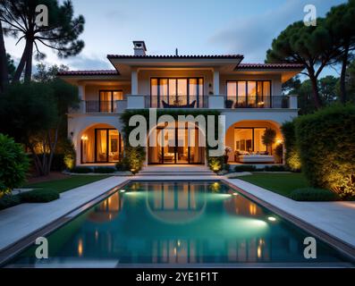 Lussuosa Villa Mediterranea di notte con finestre illuminate Vista piscina, calda atmosfera intima in Italia. Provate l'incantevole atmosfera di un lusso Foto Stock