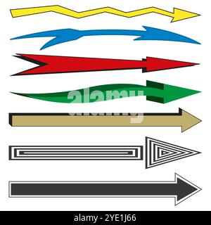 Set di frecce colorate. Forme e stili di freccia diversi. Design vettoriale vivace e dinamico. Simboli direzionali astratti. Illustrazione Vettoriale