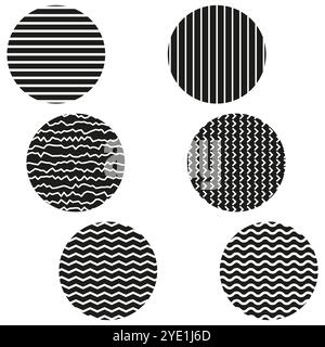 Icone del cerchio geometrico. Vari motivi a righe. Contrasto bianco e nero. Forme astratte vettoriali. Illustrazione Vettoriale
