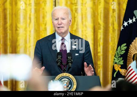Washington, Stati Uniti. 28 ottobre 2024. Il presidente Joe Biden parla ad un ricevimento in onore di Diwali alla Casa Bianca di Washington, DC Credit: SOPA Images Limited/Alamy Live News Foto Stock