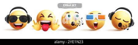 Set vettoriale di caratteri emoticon musicali emoji. Emoticon personaggio 3d per ascoltare, cantare, guardare, indossare le cuffie, fare il viso contento e alla moda Illustrazione Vettoriale