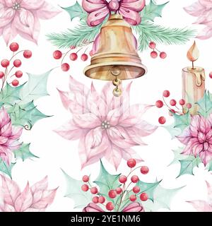 Acquerello natalizio motivo senza cuciture - bouquet di fiori di punta rossa, composizioni con foglie verdi agrifoglio e mignolo, bacche rosse. Jingle dorato Illustrazione Vettoriale