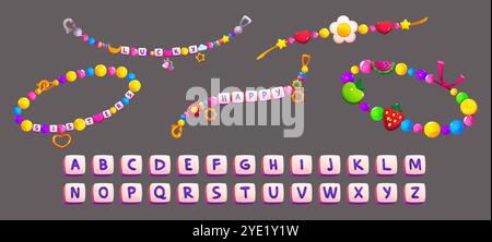 Braccialetto con perline Friendly dal fascino carino isolato. Illustrazione dei gioielli della collana fatta a mano. Accessori gioielli in plastica con set di lettere. Brillante design alfabetico per cartoni animati bigiotteria argento e oro Illustrazione Vettoriale