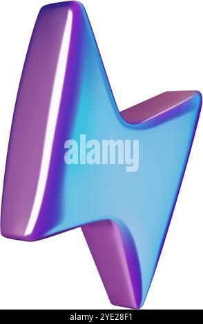 Icona olografica del bullone del tuono 3d o del simbolo del caricatore. Illustrazione vettoriale blu e viola minima isolata su sfondo bianco. Illustrazione Vettoriale