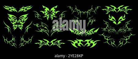 Tatuaggio acido neo tribale y2k gotico con cuore, farfalla, grembo, forme simmetriche ed elementi artistici gotici. Set di adesivi cybersigilism, futuristici ornamenti grunge alla moda o icone neotribali disegnate a mano Illustrazione Vettoriale