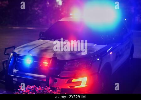 Notte, auto della polizia o luci in città per la sicurezza, servizio pubblico o procedura di emergenza in caso di incidente. Veicolo COP, blu lampeggiante o rosso sulla strada per Foto Stock