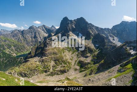 La valle Dolina za Mnichem, il lago Czarny Staw pod Rysami e le vette delle montagne degli alti Tatra - vista da Szpiglasowa Przelecz durante la splendida giornata estiva Foto Stock